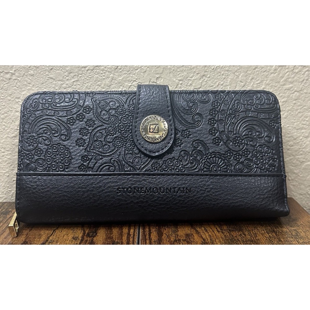 Stone Mountain Black Embossed Paisley Leather Zip Around Snap Wallet Clutch